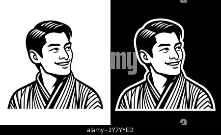 Portrait of a handsome mature Japanese man in three quarters. A simple black and white vector illustration. The masculine attractiveness. AI-generated. Stock Vector