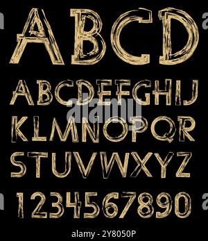 Handwritten calligraphic. Graphic vector alphabet. The gold letters and numbers on a black background. Stock Vector