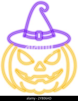 Glowing neon pumpkin in witch hat for Halloween, radiating a vibrant yellow hue. This design element adds a festive and spooky touch to Halloween deco Stock Vector
