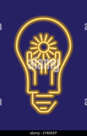 Yellow glowing neon line light bulb with hands and sun. Green energy, renewable solar energy concept. Ecology themed abstract illustration. Stock Vector
