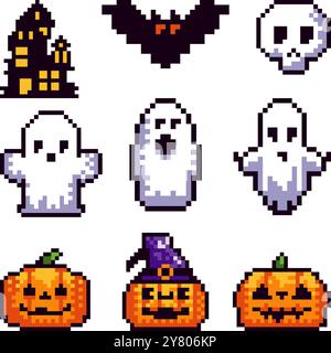 Collection pixel art style icons for Halloween. Three pumpkins, three ghosts, and a bat, all designed in a retro pixel art aesthetic. These icons are Stock Vector