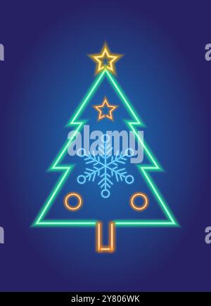 Abstract illustration featuring a neon geometric tree with a snowflake inside. This modern and colorful artwork adds a festive and artistic touch to y Stock Vector