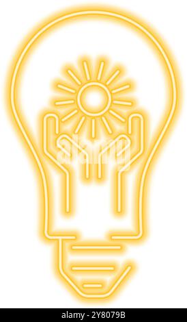 Yellow glowing neon line light bulb with hands and sun. Green energy, renewable solar energy concept. Ecology themed abstract illustration. Stock Vector