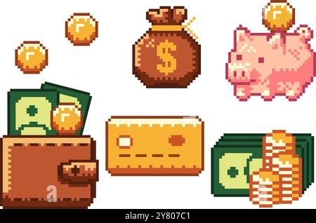 Pixel art cash money icons set for business and finance. Retro game icons design pixel pig, pixel wallet, pixel golden coins, pixel money. Stock Vector
