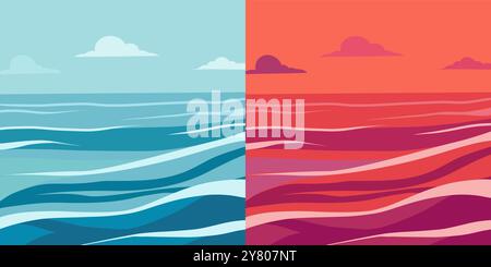 Vector set of sea landscapes during daytime and at sunset. Water landscape collection. Ocean with waves for postcards in flat style Stock Vector