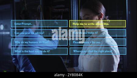 Image of ai interface question menu over diverse male and female technicians in server room Stock Photo