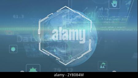 Image of hexagonal scanner frame processing data over globe on blue background Stock Photo