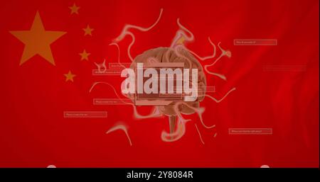 Image of ai text on scanner, rotating brain, network and data over flag of china Stock Photo