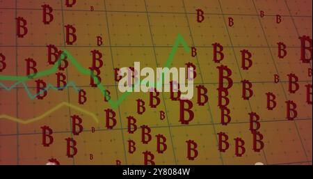 Image of financial data processing over bitcoin symbols Stock Photo
