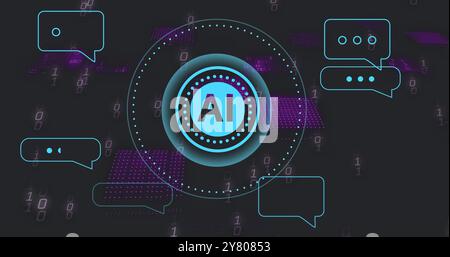 Image of ai text over scanner, ai chat dialogue over processing data on dark background Stock Photo