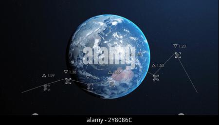 Image of charts processing data over globe on black background Stock Photo