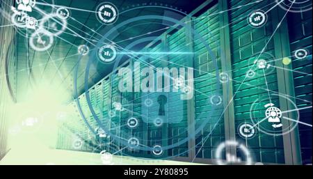 Image of padlock icon and digital data processing over computer servers Stock Photo