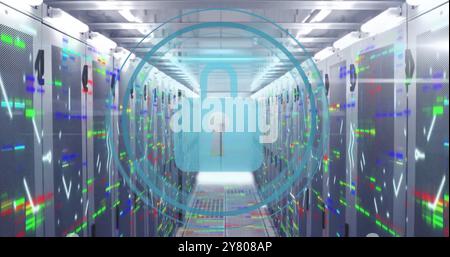 Image of padlock icon and digital data processing over computer servers Stock Photo