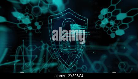 Image of chemical formula with padlock icon and data processing on black background Stock Photo