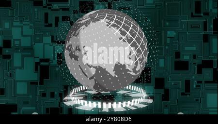Image of spinning globe over green shapes moving Stock Photo