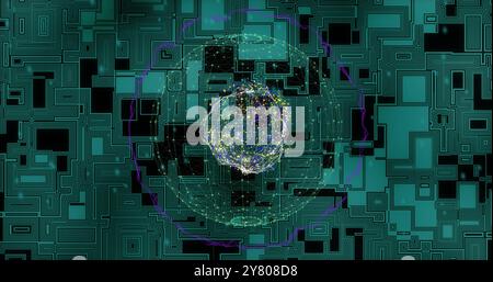 Image of spots and globe moving over green shapes moving Stock Photo