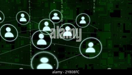 Image of network of connections with icons over binary coding Stock Photo