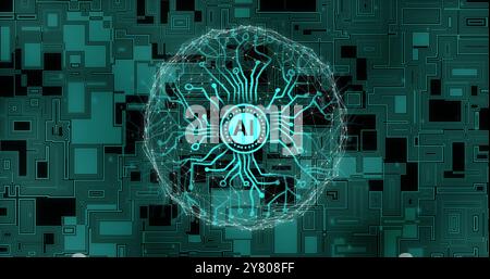 Image of network of connections with ai text over digital brain Stock Photo