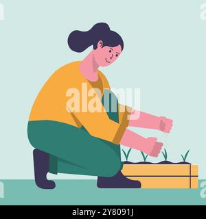 Happy cartoon woman farmer crouched on one knee and sows grain into a wooden box of sprouts. Farming, gardening, agriculture and harvesting concept. Stock Vector