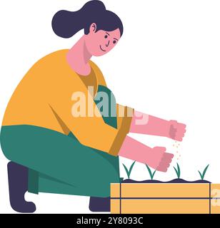 Happy cartoon woman farmer crouched on one knee and sows grain into a wooden box of sprouts. Farming, gardening, agriculture and harvesting concept. Stock Vector