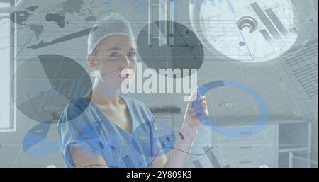 Image of statistics and data processing over caucasian female surgeon Stock Photo