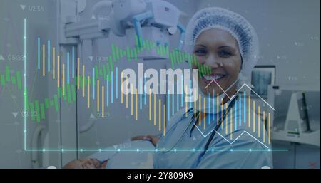 Image of statistics and data processing over caucasian female surgeon Stock Photo