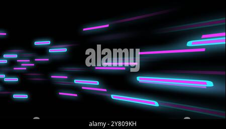 Image of glowing blue and purple light trails moving over black background Stock Photo