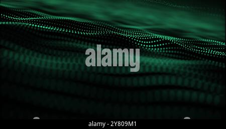 Image of glowing light trails and mesh moving over black background ...