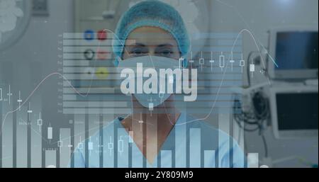 Image of statistics and data processing over caucasian female surgeon Stock Photo