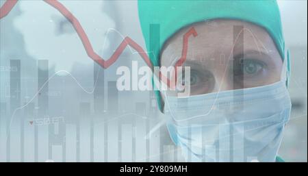 Image of statistics and data processing over caucasian female surgeon Stock Photo