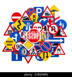 Collection of various traffic signs isolated on transparent background  3d Stock Photo