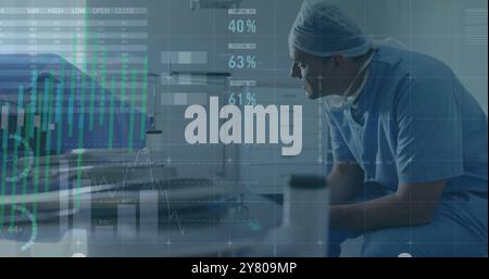 Image of statistics and data processing over caucasian male surgeon Stock Photo