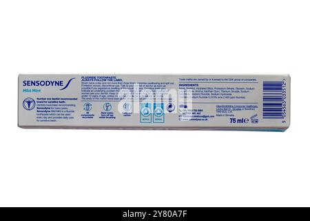 Information & Toothpaste ingredients listed on box of Sensodyne Mild Mint toothpaste Stock Photo