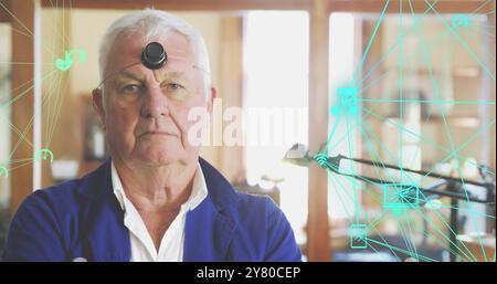 Elderly man in blue jacket with network connections and data processing image Stock Photo
