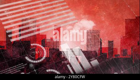 Image of charts processing data over sunset cityscape Stock Photo
