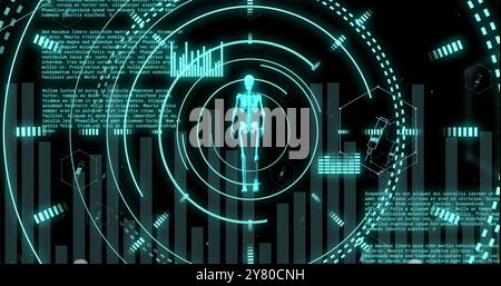 Image of scopes with human skeleton and data processing over black background Stock Photo