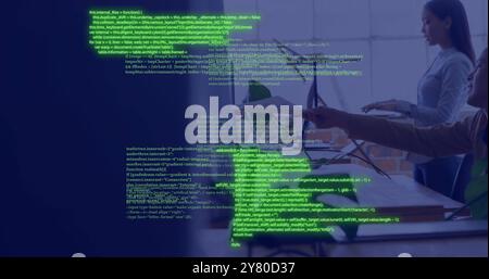 Computer code image over business person working on laptop Stock Photo