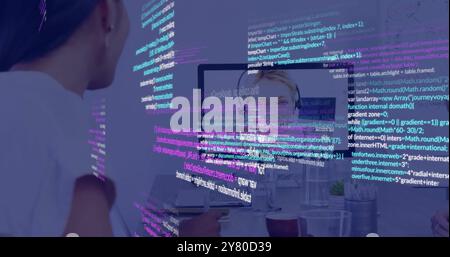 Computer code and data processing image over people working in office Stock Photo