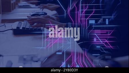 Typing on keyboard, hands over digital data and coding image Stock Photo