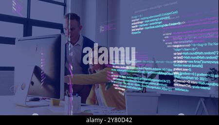 Computer code image over business people collaborating in modern office Stock Photo
