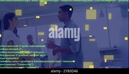 Digital data and coding image over business people shaking hands in office Stock Photo