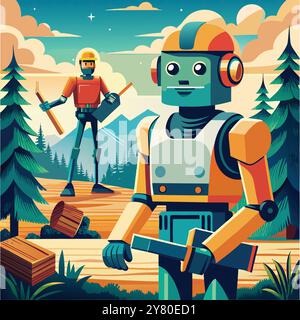 A friendly robot lumberjack stands in a forest. holding a saw. while a human lumberjack stands behind him.  Both are wearing hard hats and are looking Stock Vector