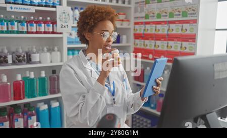 African american woman pharmacist using tablet and examining medication in pharmacy. Stock Photo