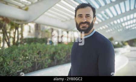 Smiling bearded man in casual attire enjoys a sunny day at a modern urban park. Stock Photo