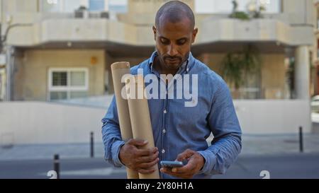 Handsome young man holding blueprints and using a smartphone on an urban street Stock Photo