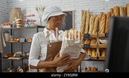 Elderly hispanic woman working in a bakery indoor while holding a bag of fresh bread, surrounded by various pastries and loaves displayed behind the c Stock Photo