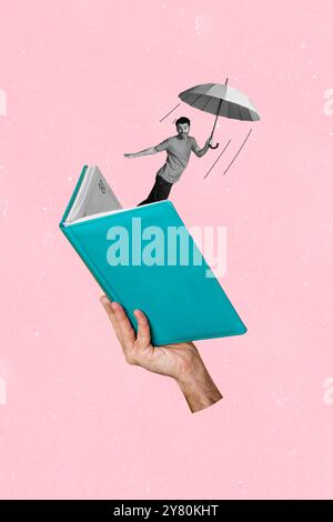 Composite trend artwork sketch image photo collage of empty space silhouette young man fly umbrella smart student education read open book Stock Photo