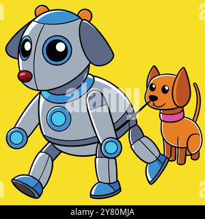 A friendly robot dog walks with a regular dog on a leash. Perfect for illustrations related to technology. pets. or artificial intelligence. Stock Vector