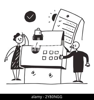 A simple hand drawn illustration depicting two stick figures working together on a project. symbolized by a box with various components. representing Stock Vector