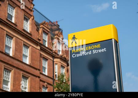 LONDON- AUGUST 26, 2024: Pedestrian sign for Marylebone Crawford Street. An upmarket area of central London's West End Stock Photo